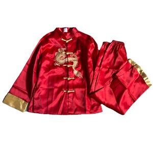 Chinese Kung Fu Costume Set Boys Medium 8-10 Red Gold Dragon Satin Hong Kong